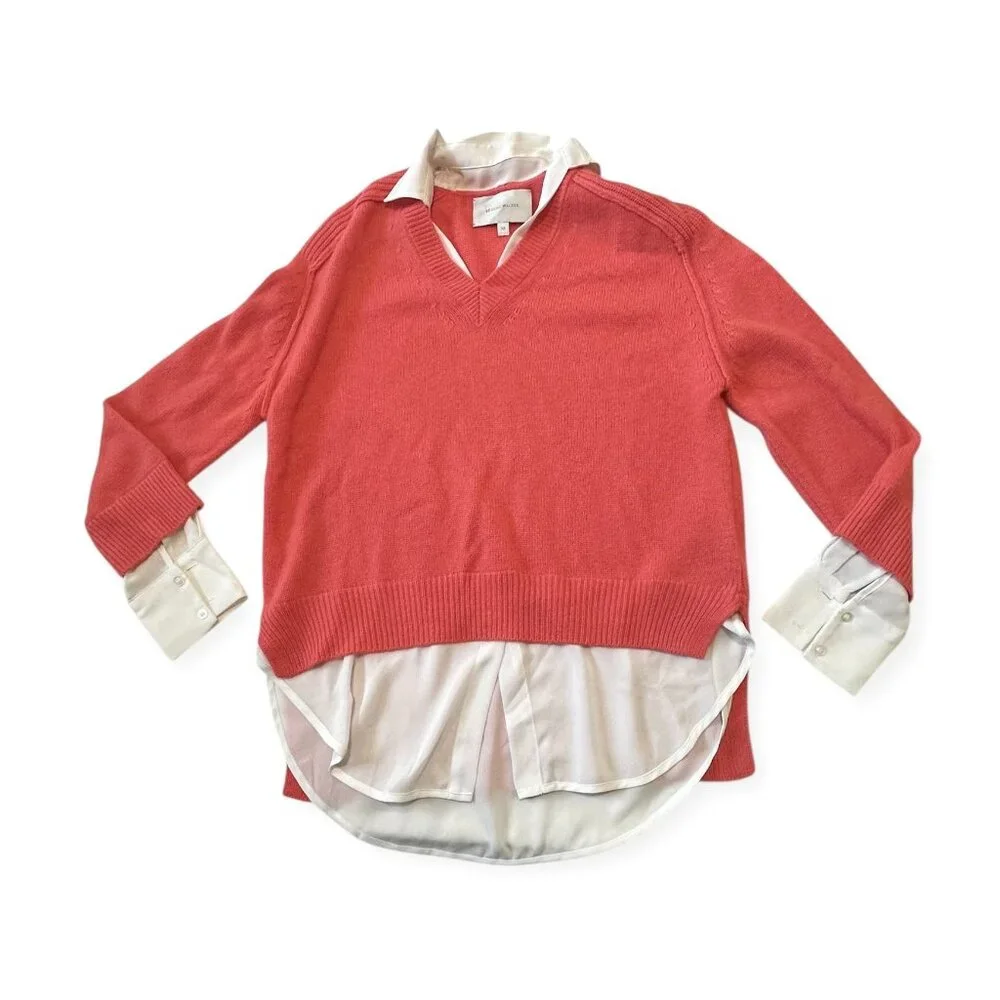 Brochu Walker The Looker Layered V-Neck Pullover Sweater. Size XS, Coral, white